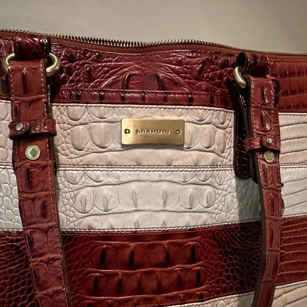 Brahmin Medium Asher Tote Bag;pretty pecan brown, cream, and white color design